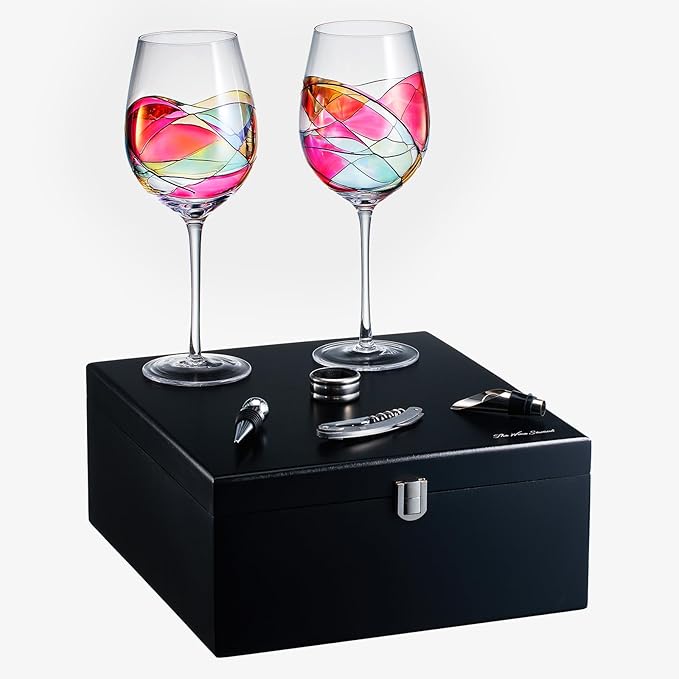 Artisanal Hand-Painted Stemmed Wine Glasses Set with Gift Box – Mother’s Day, Wife, Mom, Friends, or Girlfriend – Romantic Renaissance Stained Glass Windows – Birthday or Housewarming Gift Idea