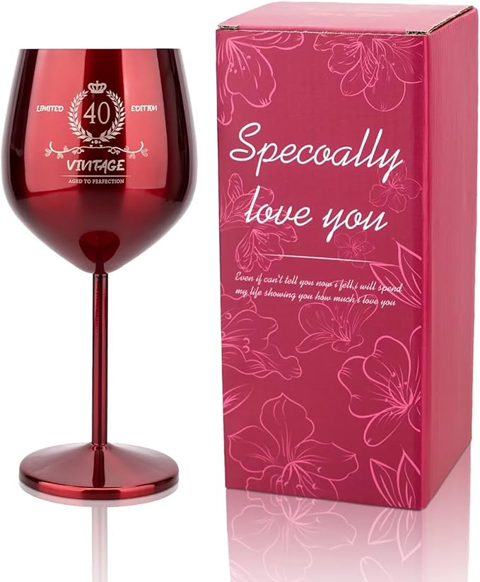 40th Birthday Gifts Wine Glass for Her Women, Stainless Steel Metal Unbreakable Decoration Glasses Red Cup 17oz with Vintage Print-Unique 40 Year Old Present for Mom Wife Sister Friend