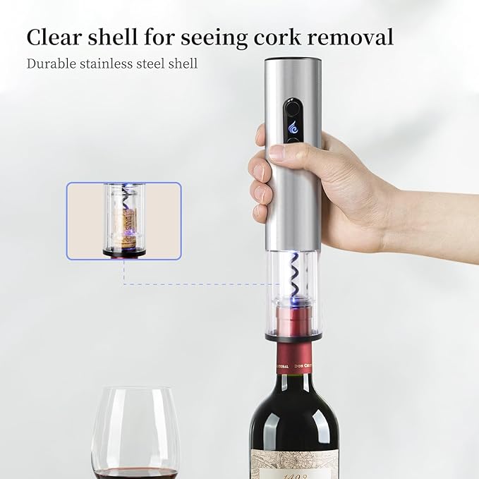 Battery Operated Electric Wine Opener by ELMWAY - Stainless Steel Electric Corkscrew with LED Light & Foil Cutter, Simple Push-Button Operation for Wine Lover (Silver, 4 x AA Not Included)