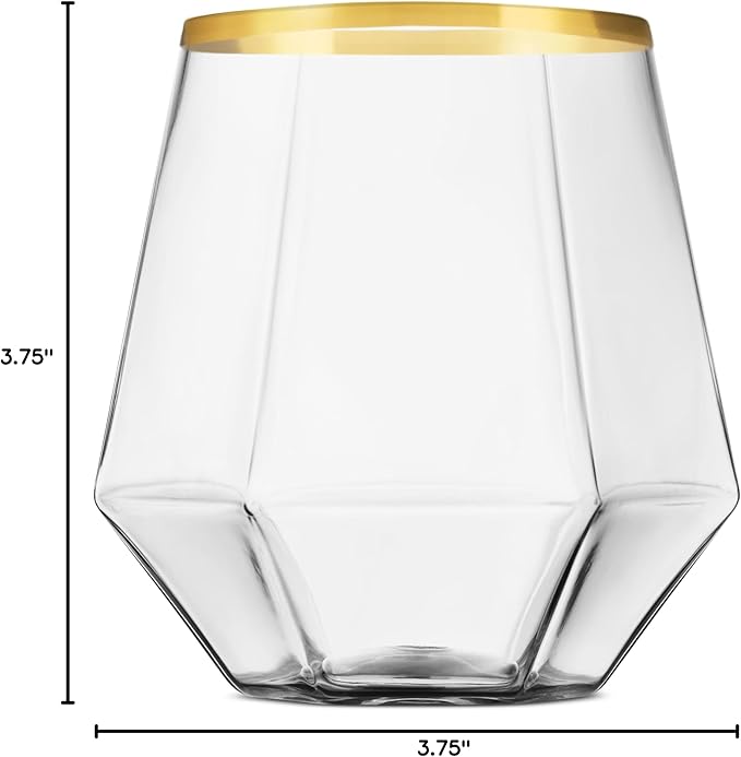 Munfix Gold Rim Plastic Stemless Wine Glasses 32 Pack - Diamond Shaped Unbreakable Disposable 12 Oz Clear Plastic Wine Champagne Whiskey Cups, Shatterproof Recyclable and BPA-Free
