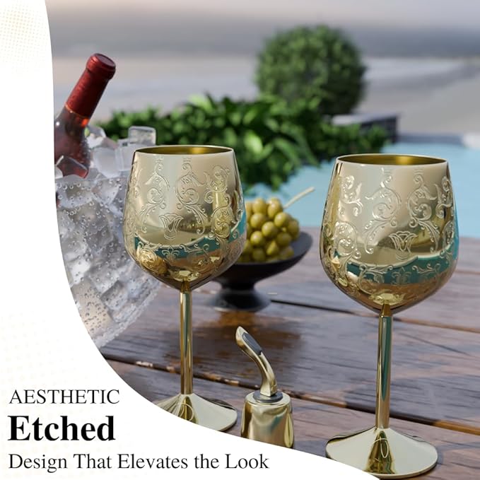 Mother’s Day Gift for Mom – Set of 2 Gold Stainless Steel Wine Glasses, 17oz Engraved Goblets with Bottle Stopper, Unbreakable Elegant Wine Cups, Gift for Women, Wife, Mom, Sister