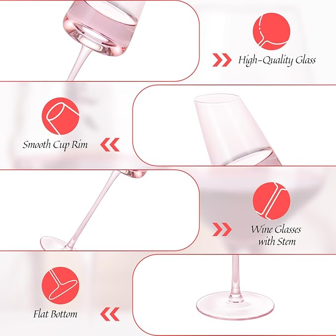 KAMMAK Wine Glasses Set of 2, 7.44 oz Hand Blown Crystal Bordeaux Wine Glasses, Thin Rim & Long Stem, Perfect for Red & White, Daily Use, Wedding or Birthday Gift with Gift Box, XH-H260 Pink