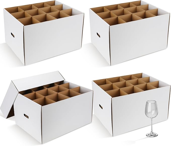 Feifeiya 4 Pack Wine Glass Moving Boxes Kitchen Moving Boxes with Handle Kitchen Kit with Lid for Dish Glassware(White,20 x 15 x 12 Inches)
