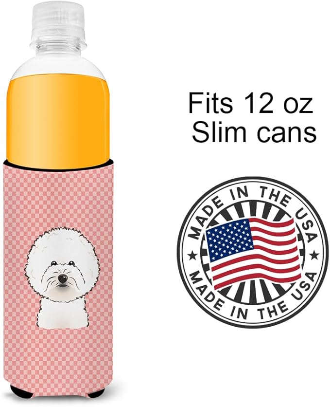 Checkerboard Pink Bichon Frise Ultra Beverage Insulators for slim cans BB1217MUK