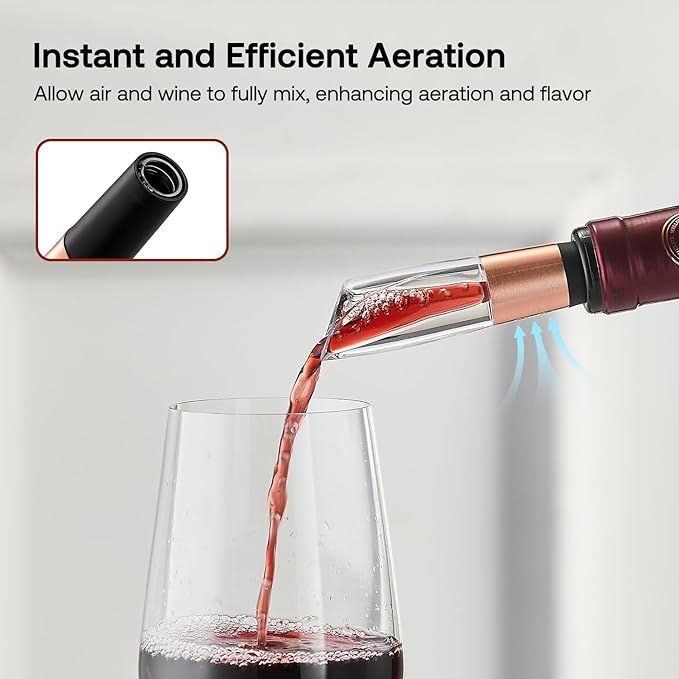 Elegant Wine Aerator Pourer Spout by ELMWAY - Clear Wine Air Aerator Enhances Flavor, Aroma & Finish, No Spill Design, Wine Accessory Gift for Wine Lovers - Rose Gold