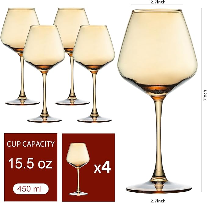 Wine Glasses 15.5oz Amber Wine Glasses Set of 4 Burgundy Wine Glasses for Wine Tasting, Wedding Gift, Anniversary, Christmas, Birthday