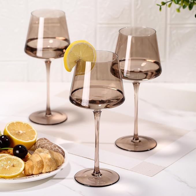 Smokey Sand Wine Glasses Set of 6,18oz Gray Wine Glassware Gift Set for Wife & Mom-Colorful Hand Blown Glass Drinkware for Red White Wine