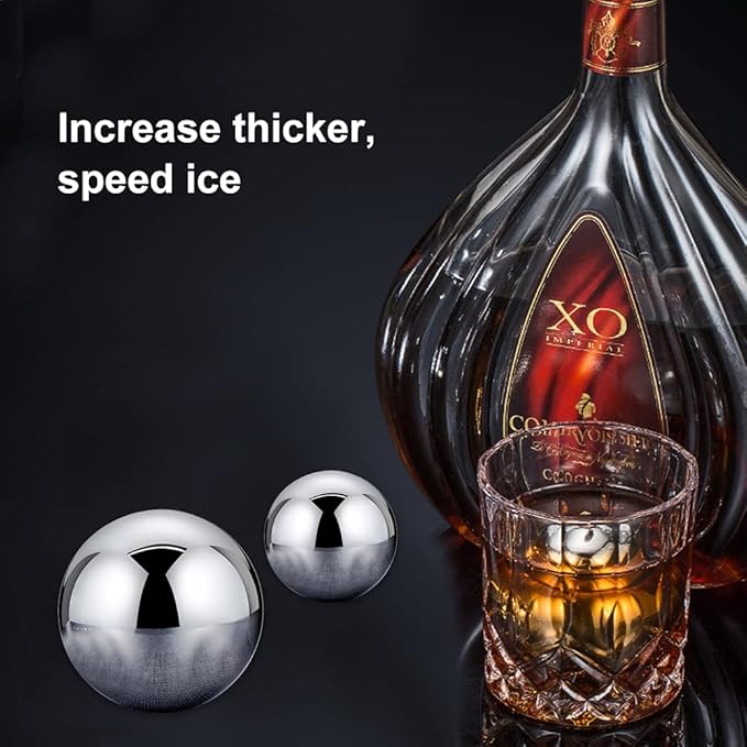 Whiskey Stones 2 Pcs Reusable Metal Ice Cube Large Stainless Steel Round Whiskey Balls Spherical Beverage Chilling Rocks Sphere Golf Ball Scotch Set for Red Wine Bar Beer Scotch Vodka Drinks(55mm)