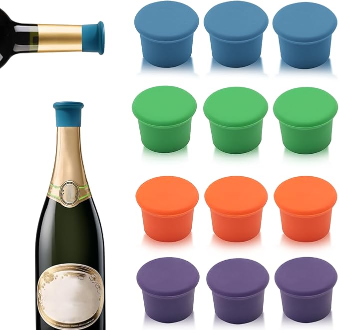 12 PCS MultiColor Silicone Wine Stoppers, Reusable Sparkling & Champagne Corks, Sealed Beverages Beer Bottle Caps, Keeps Wine Fresh