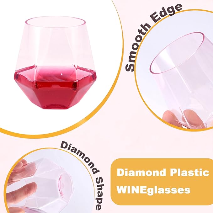 Goodluck 40 PCS Diamond Stemless Plastic Wine Whiskey Glasses, 12 Oz Disposable Cocktail Glasses, Suitable for Weddings, Birthday Parties, Family Gatherings, Bars, etc （Multi-color cups）