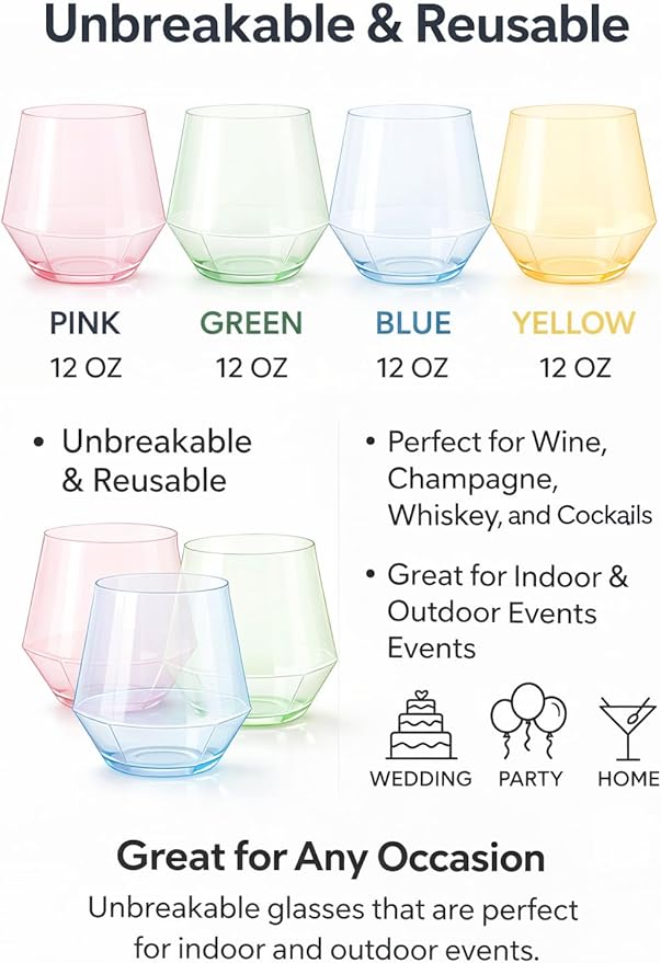 Oojami 40 Pack Diamond Plastic Wine Glasses 12oz Stemless Disposable Wine Cups - Shatterproof Unbreakable Reusable Recyclable BPA-Free Champagne Cocktail Whiskey for Parties, Weddings, Birthday
