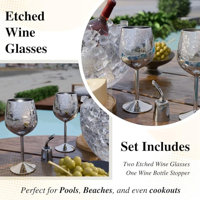 Mother’s Day Gift for Mom – Set of 2 Silver Stainless Steel Wine Glasses, 17oz Engraved Goblets with Bottle Stopper, Unbreakable Elegant Wine Cups, Gift for Women, Wife, Mom, Sister