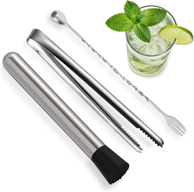 Muddler for Cocktails,10" Bar Spoon & Ice Tongs with Serrated Tip, 3PcsStainless Steel Bar Tools Set for Mojitos, Lemonade, Fruit Drinks, Home PartyBar Accessories