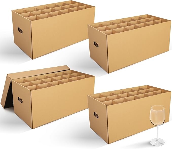 Feifeiya 4 Pack Wine Glass Moving Boxes Kitchen Moving Boxes with Handle Kitchen Kit with Lid for Dish Glassware (Brown,24 x 12 x 11 Inches)