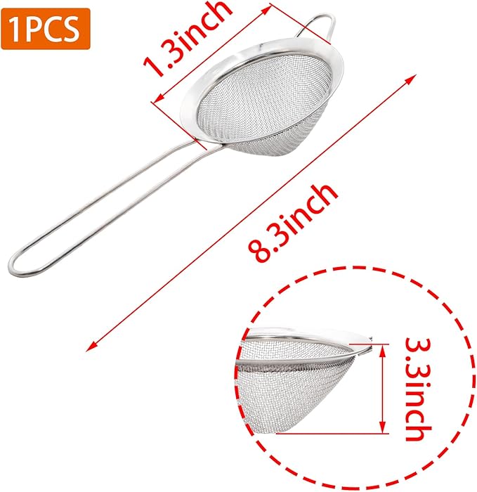 Silvery Fine Mesh Strainer - 304 Stainless Steel Handheld Sieve, Small Kitchen Filter for Baking, Tea & Cocktail Making