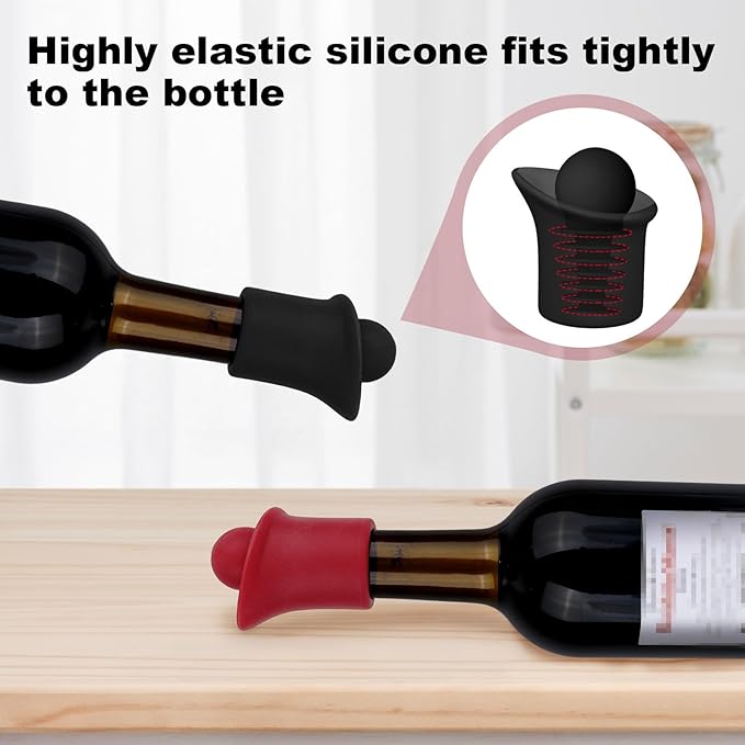 2 Set 2 In 1 Silicone Wine Bottle Stoppers & Pourers, Wine Spout Sealer Preserver Glass Champagne Caps with Vacuum Reusable & Easy to Clean Home Bar Restaurant Accessories(Black, Red)