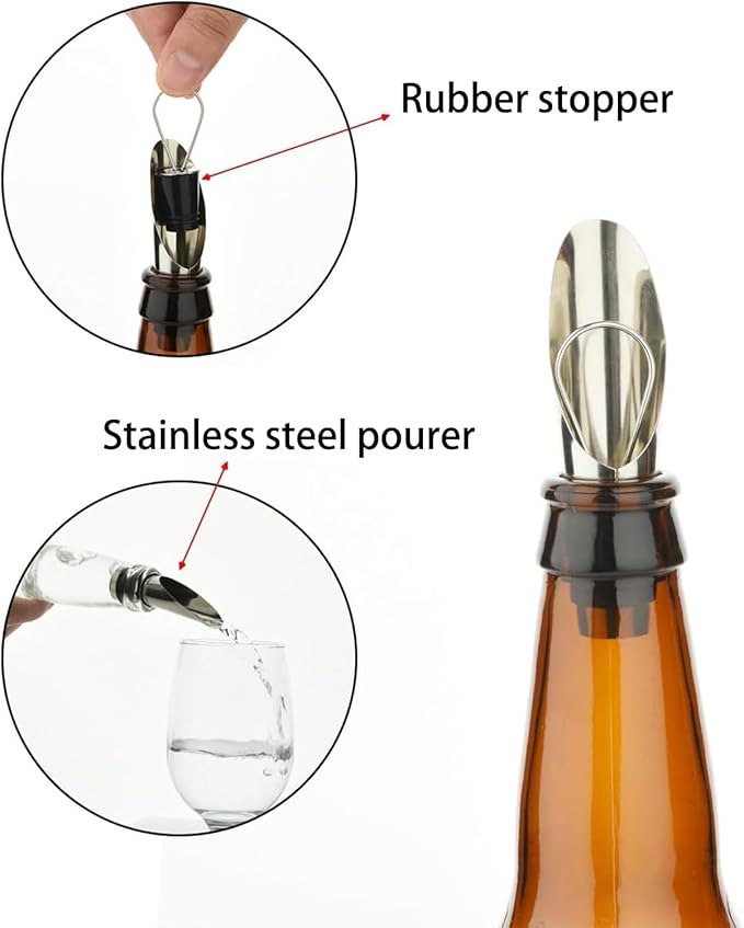 Stainless Steel Wine Aerator and Pourer Set, 5-Piece 2-in-1 Wine Spout with Silicone Bottle Stopper, Premium Silver Wine Accessories for Home Bar, Elegant Gift Box, No-Drip Pouring & Enhanced Flavor