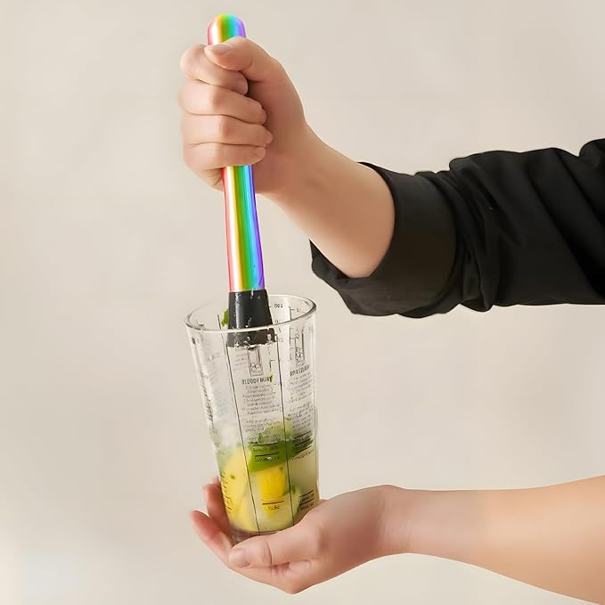 8 Inch Stainless Steel Cocktail Muddler and Mixing Spoon Home Bar Tool Set - Create Delicious Mojitos Old Fashioned/Mint Julep/Other Fruit Based Drinks (Rainbow)