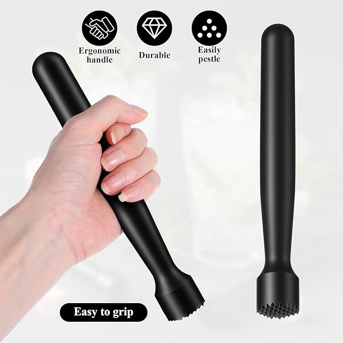 10 Pcs Plastic Muddler for Cocktails, 8 Inch Cocktail Muddler, Tools for Mojito, Fruit Drinks, Spices & Ice Crushing, Durable & Lightweight, Kitchen and Home Bar Accessories, Black