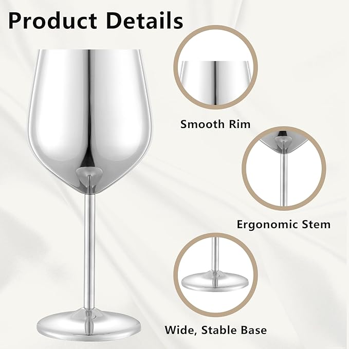 Stainless Steel Wine Glasses Set of 4 Unbreakable Wine Glass 18 oz Unique Metal Wine Goblets for Outdoor, Travel, Camping, Pool, Ideal Gift for Wine Lovers (Mirror-Silver)