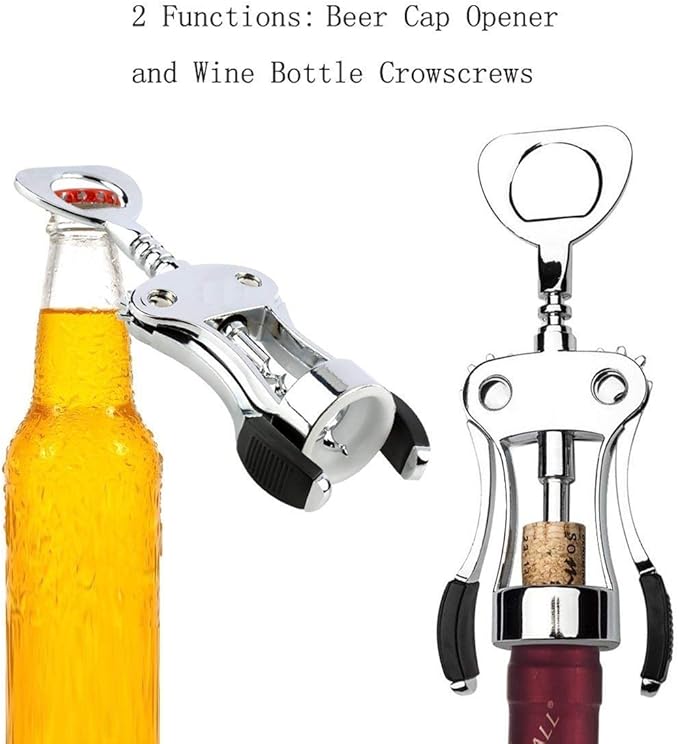 Upraded 2 in 1 Wing Corkscrew with One Pack Wine Bottle Stopper,Multifunctional Corkscrew Wine Cork Opener Bottler Opener Remover for Home, Kitchen,Restaurant,Party and as Gift,Silver