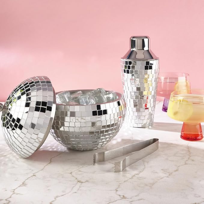 Mikasa Disco Beats 3-Piece Mirrored Bar Set with Cocktail Shaker, Ice Bucket, and Tongs – Glamorous Silver Mosaic Design for Stylish Home Entertaining