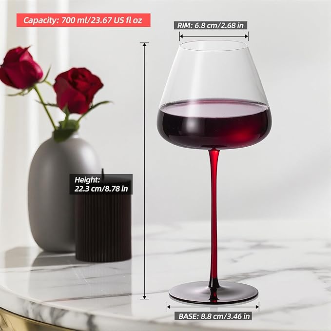KAMMAK Wine Glasses Set of 2, 23.67 oz Hand Blown Crystal Bordeaux Wine Glasses, Thin Rim & Long Stem, Perfect for Red & White, Daily Use, Wedding or Birthday Gift with Gift Box, Background 250