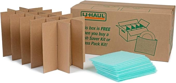 U-Haul Glass Packing Kit for Glasses and Stemware – Includes 1 Box, 1 Cell Divider Unit, and 18 Assorted Foam Pouches (Value Pack of 2)