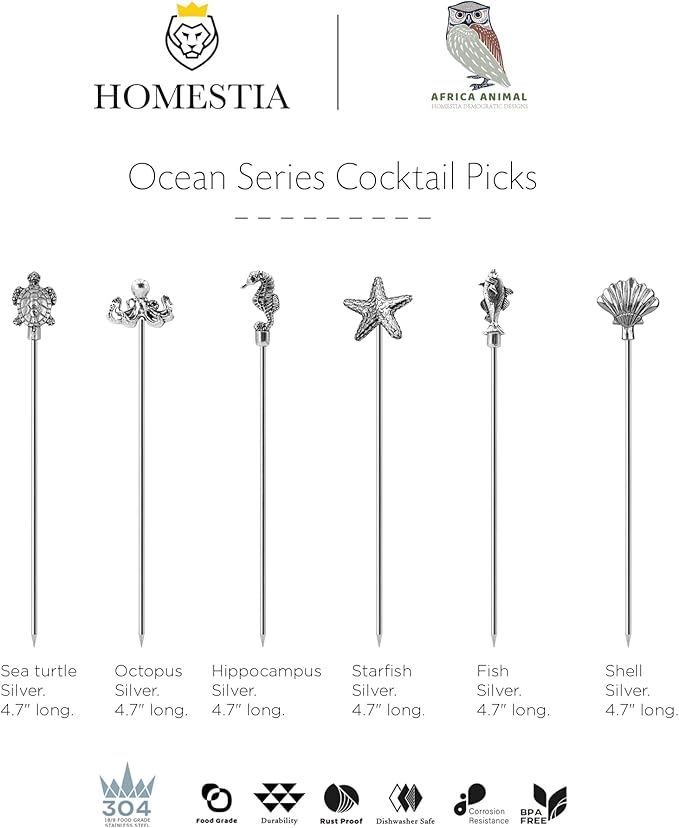 Homestia Ocean Cocktail Picks, 6PCS Stainless Steel Marine Life Martini Picks 4.7 Inch, Sea Turtle Starfish Seahorse Octopus Shell Fish Drink Skewers for Cocktails, Olives, Appetizers