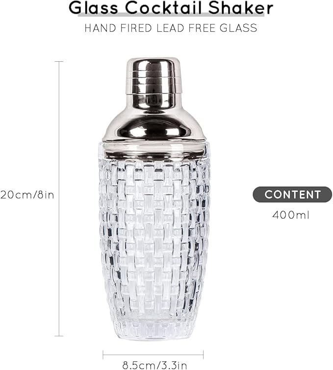 13 oz Glass Cocktail Shaker - Leakproof Shaker Set with Metallic Steel Lid & Built - in Strainer, Professional Bar Mixing Set for Martini, Whiskey, Margarita and More Drinks - Silver