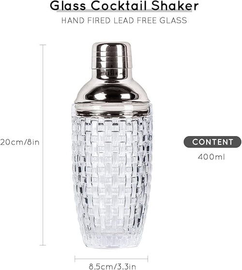 13 oz Glass Cocktail Shaker - Leakproof Shaker Set with Metallic Steel Lid & Built - in Strainer, Professional Bar Mixing Set for Martini, Whiskey, Margarita and More Drinks - Silver