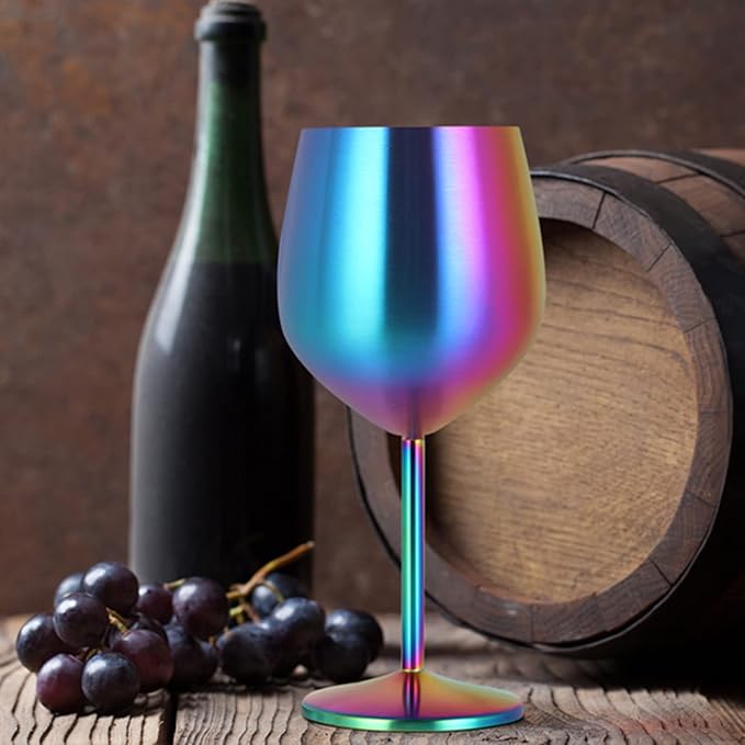 Lifecapido Stainless Steel Wine Glasses Set of 4, 18oz Colorful Stainless Steel Wine Goblets, Stemmed Metal Wine Glasses with Cup Brush for Party Office Wedding Anniversary, Great for Red White Wine
