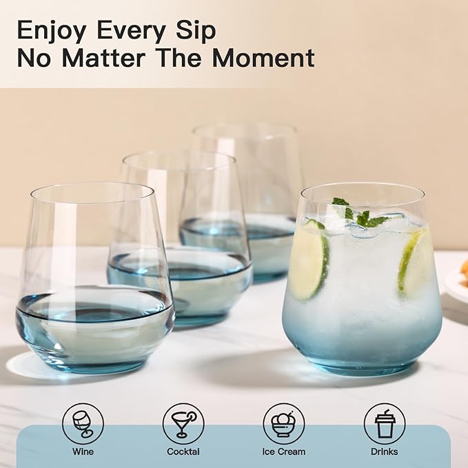 JOVGANK Blue Stemless Wine Glasses Set of 6 - Hand Blown White Red Stemless Wine Glass - 17 oz, [Lead-Free Crystal Glass] Large Short Glass Tumblers, Housewarming Gifts and Mother's Day Gift
