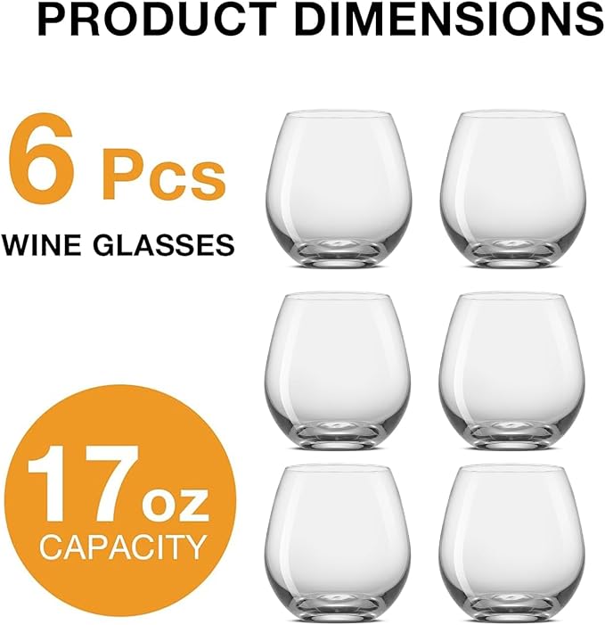 Meolibour Large Stemless Wine Glasses Set of 6, 17 Ounces Red & White Wine Glasses Tumbler for Party, Clear Drink Glasses, Ideal Wine Accessories Gift, Lead-free, Dishwasher Safe