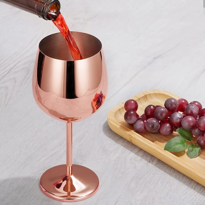 Lifecapido Stainless Steel Stem Wine Glasses Set of 8, 18oz Copper Wine Glasses, Stainless Steel Wine Goblets with Cup Brush for Party Office Wedding Anniversary, Great for Red White Wine(Rose Gold)