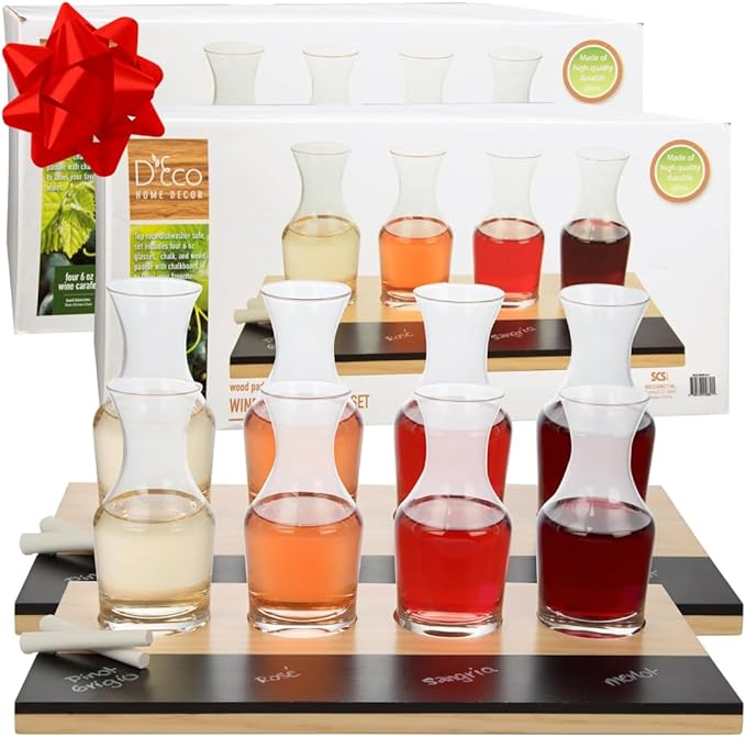 D'Eco Wine Tasting Flight Sampler Boards (2 Pack)- Set Includes Eight 6 oz Decanter Glasses & 2 Wood Paddles w Chalkboards- Great for Charcuterie Boards, Wine Tastings & Brunch - Wedding Gift