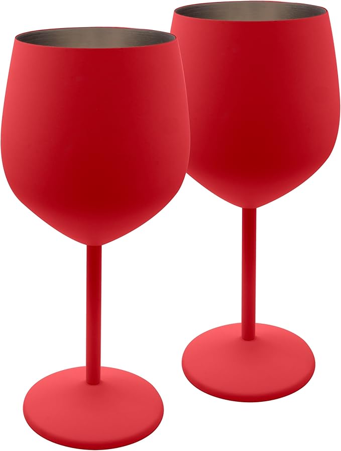 K&K Home Red Stainless Steel Unbreakable Wine Glasses - 18 oz - Set of 2 Colored, Stemmed Metal Wine Glasses Perfect for Outdoors, Weddings, and Parties (Red, Set of 2)