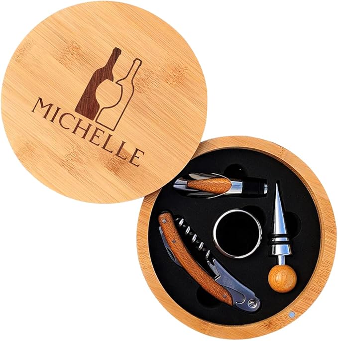 Personalized Bottle Silhouette Bamboo Round 4 Piece Wine Tool Set