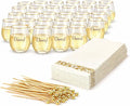 Plastic Wine Glasses Stemless Disposable 12 oz with Gold Rim - 30 Guests Party Drinkware Set, 30 Plastic Cups, 30 Napkins & 50 Cocktail Picks - BPA-Free, Shatterproof, Reusable, Recyclable