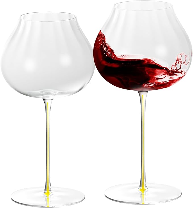 KAMMAK Wine Glasses Set of 2, 24.69 oz Hand Blown Crystal Bordeaux Wine Glasses, Thin Rim & Long Stem, Perfect for Red & White, Daily Use, Wedding or Birthday Gift with Gift Box, Onion Top Yellow