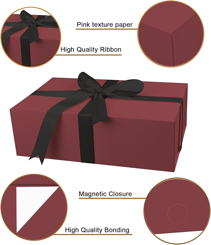 YINUOYOUJIA Large Burgundy Gift Boxes with Lid,14"x9"x4.5" Magnetic Gift Box with Ribbon,Cards and Envelopes for Presents,Great for Wedding,Birthdays,Crafting,Gift Packaging.