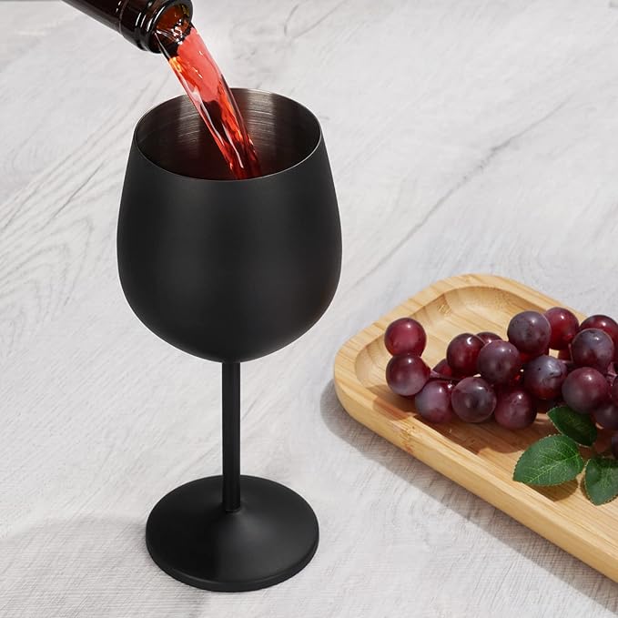 Lifecapido Stainless Steel Wine Glasses Set of 6, 18oz Stainless Steel Metal Wine Glasses, Black Wine Glasses with Cup Brush for Party Office Wedding Anniversary, Great for Red White Wine (Black)