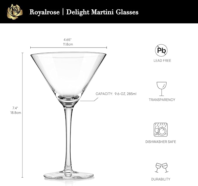 Royalrose Premium Delight Vintage Red Wine Glasses – Set of 4, 9.6 oz Goblets Glasses for Wine, Cocktails, Sparkling Water, Elegant Drinkware for Entertaining or Daily Use (Martini Glasses)