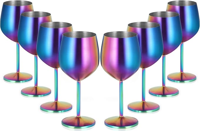 Lifecapido Stainless Steel Wine Glasses Set of 8, 18oz Colorful Stainless Steel Wine Goblets, Stemmed Metal Wine Glasses with Cup Brush for Party Office Wedding Anniversary, Great for Red White Wine