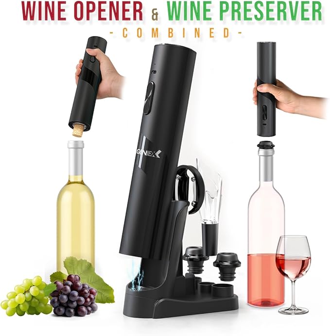 6‑in‑1 Electric Wine Opener with Charging Base — Auto Corkscrew Bottom + Automatic Wine Saver Top | Perfect Wine Gift & Ideal Father’s Day Gifts