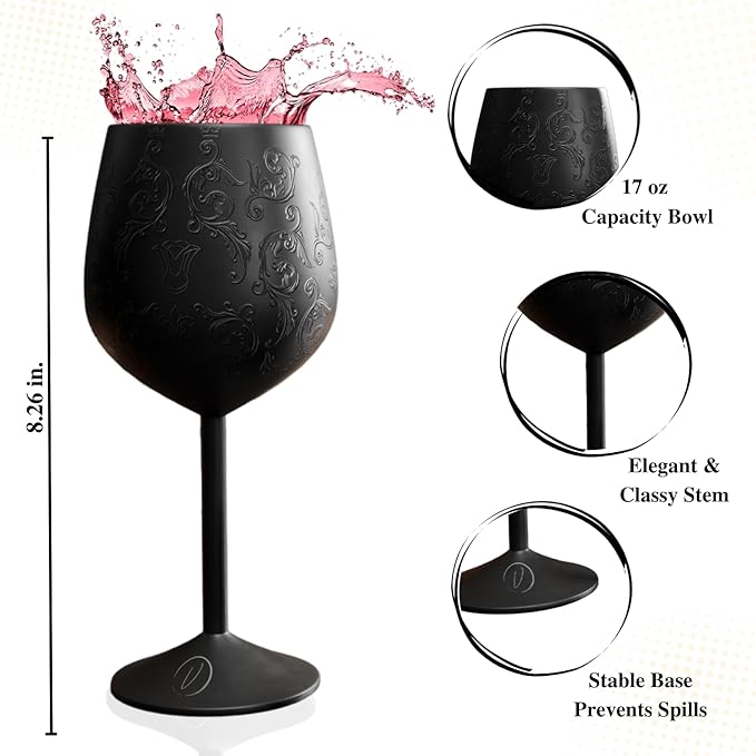 Mother’s Day Gift for Mom – Set of 2 Etched black Stainless Steel Wine Glasses, 17oz Engraved Goblets with Bottle Stopper, Unbreakable Elegant Wine Cups, Gift for Women, Wife, Mom, Sister