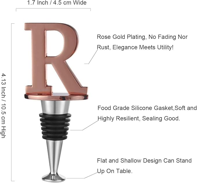 Miicol Wine Stopper, Prosecco Topper, Rose Gold Personalised Champagne Stopper, Initial Funny Prosecco Gift, Wine Lovers Gift, Kitchen Decor, Letter R