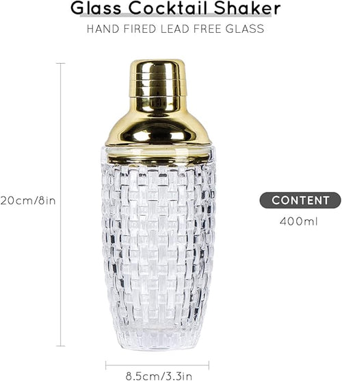 13 oz Glass Cocktail Shaker - Leakproof Shaker Set with Metallic Steel Lid & Built - in Strainer, Professional Bar Mixing Set for Martini, Whiskey, Margarita and More Drinks - Gold