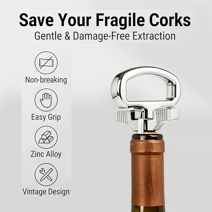 Wine Opener Set, Premium Zinc Alloy Two-Prong Cork Puller with Foil Cutter, Vintage Style Wine Bottle Opener for Old & Fragile Corks, Non-Breaking Cork Extractor for Collectors & Wine Lovers