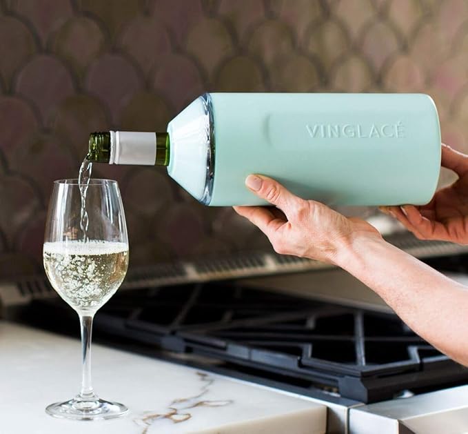 Vinglacé Wine Bottle Chiller Gift Set- Portable Stainless Steel Wine Cooler with 2 Stemless Wine Glasses, Sea Glass